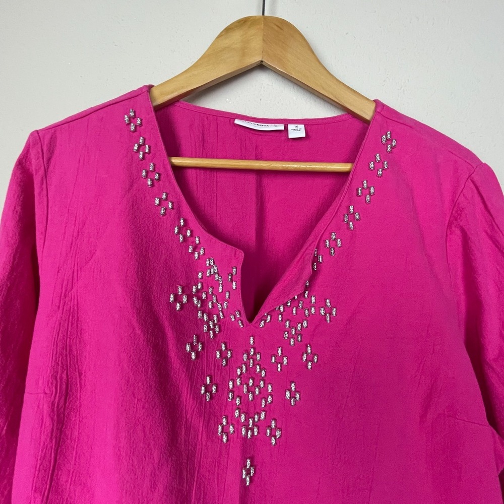 Susan Graver Pink Beaded‎ Top 1X Roll-Tab Sleeve Casual Cotton Coastal Everyday - Picture 2 of 7